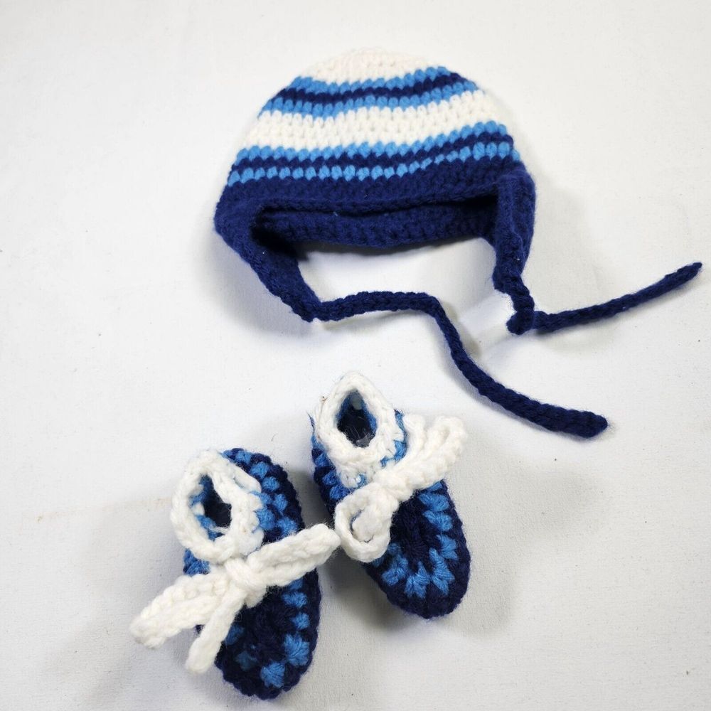 Knitted Baby Hat & Booties Set Blue White Stripes Newborn Soft & Warm Handmade A